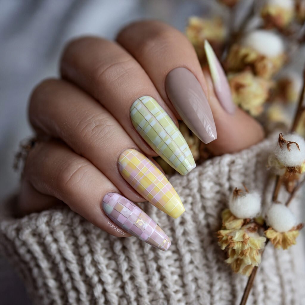 pastel checker accent with solid neutrals nails