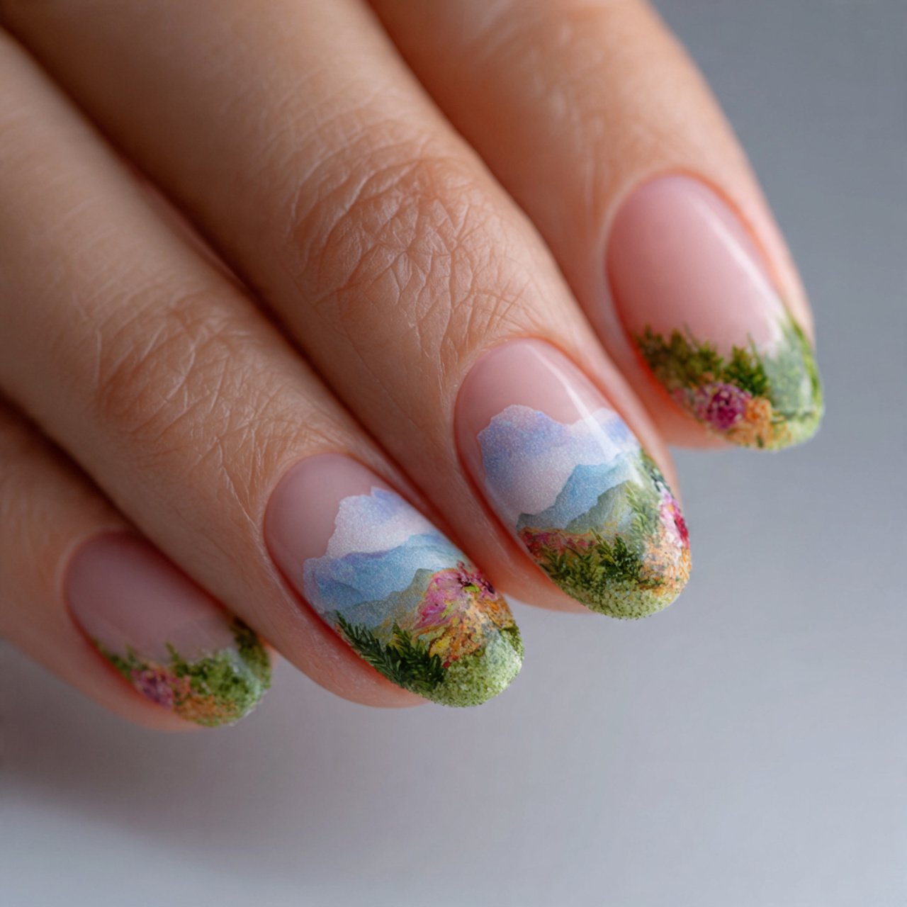 pastel micro french tips nature environment nails art