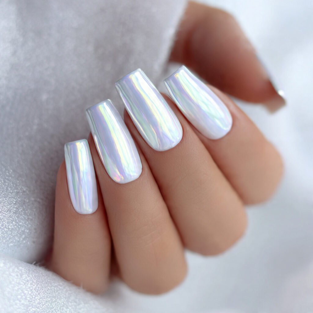 pearl white chrome nails clean and bright