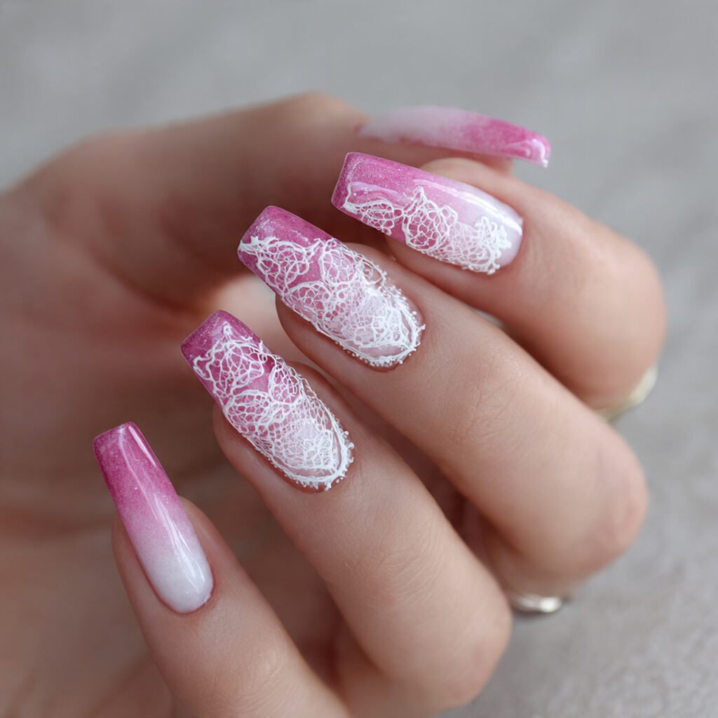 pink gradient with white lace detailing decent