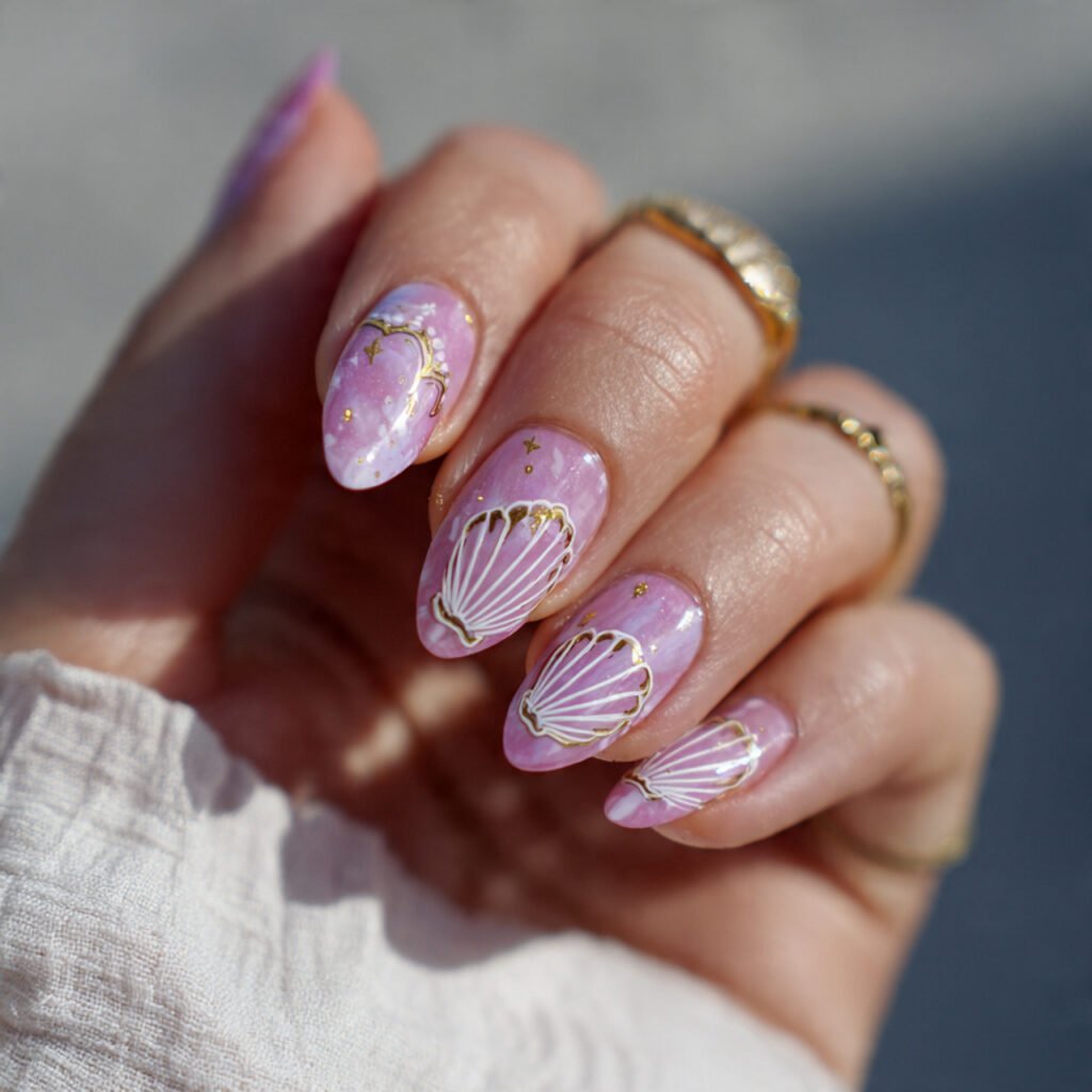 pink jelly nails with seashell line art