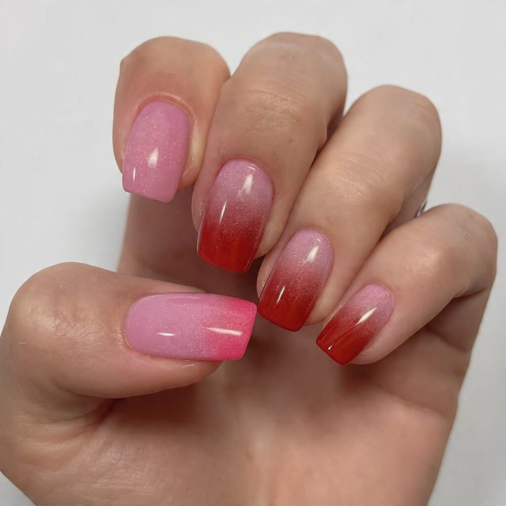 pink to red ombr love gradient nails art