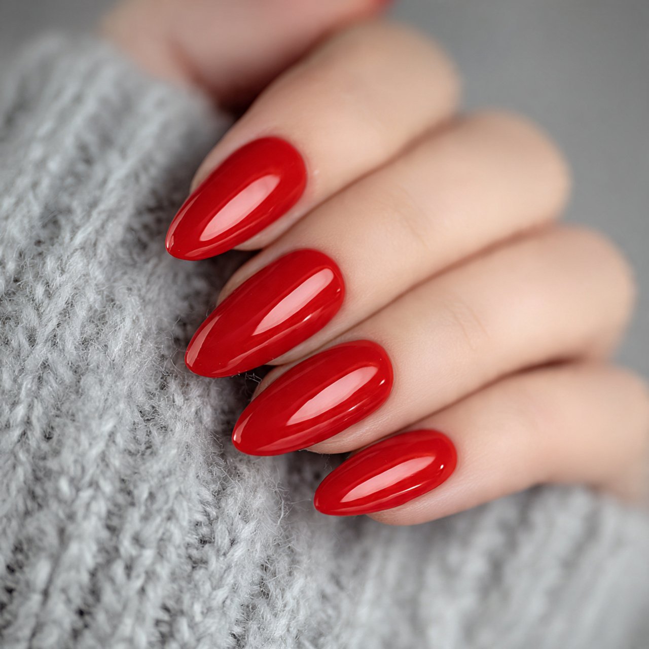 red almond nails with a high gloss finish