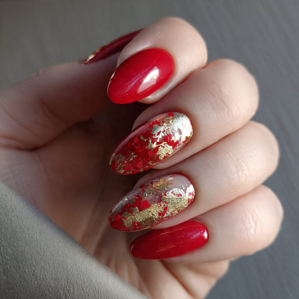 red and gold foil accent nails attractive