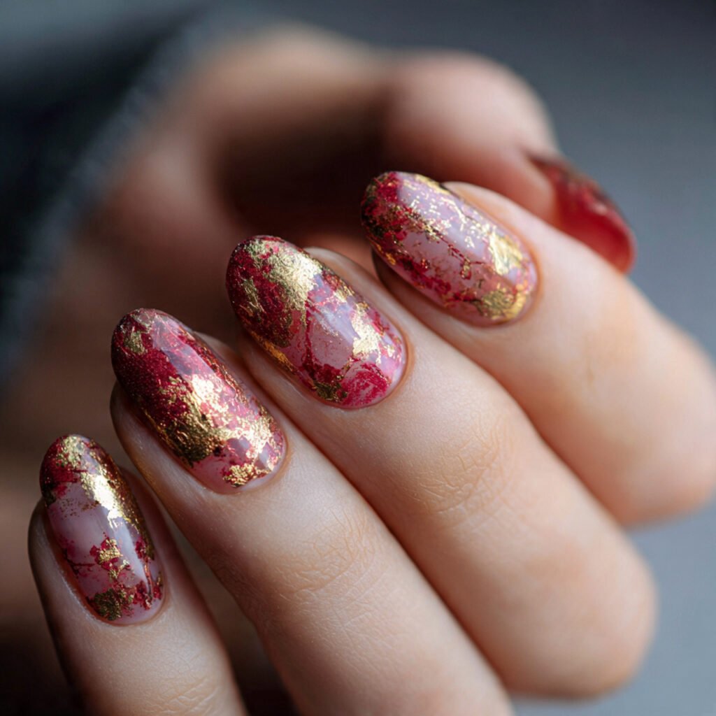 red and gold foil nails create natural