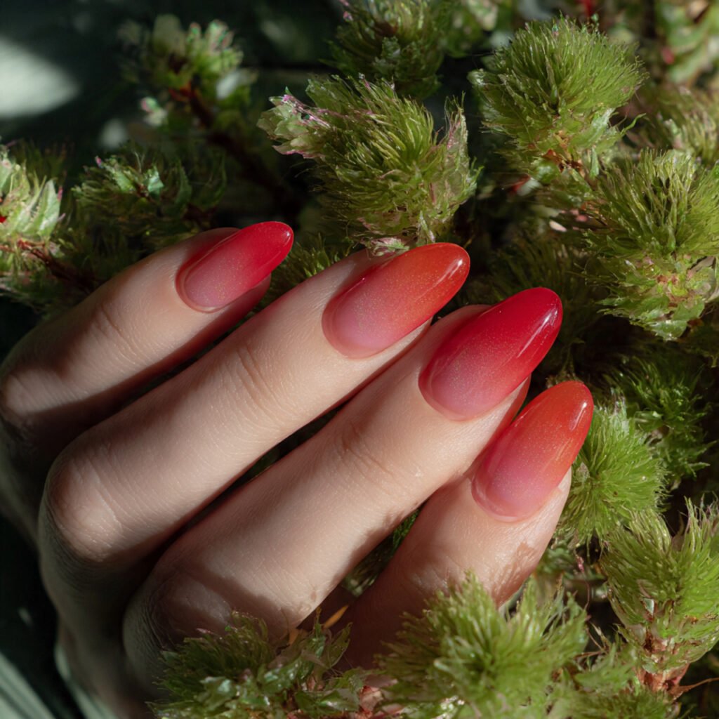 red aura nails with a soft glow