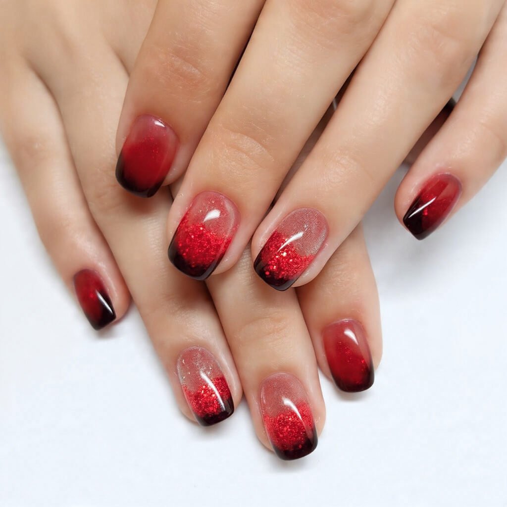 red glitter fade sparkle kiss tips nature