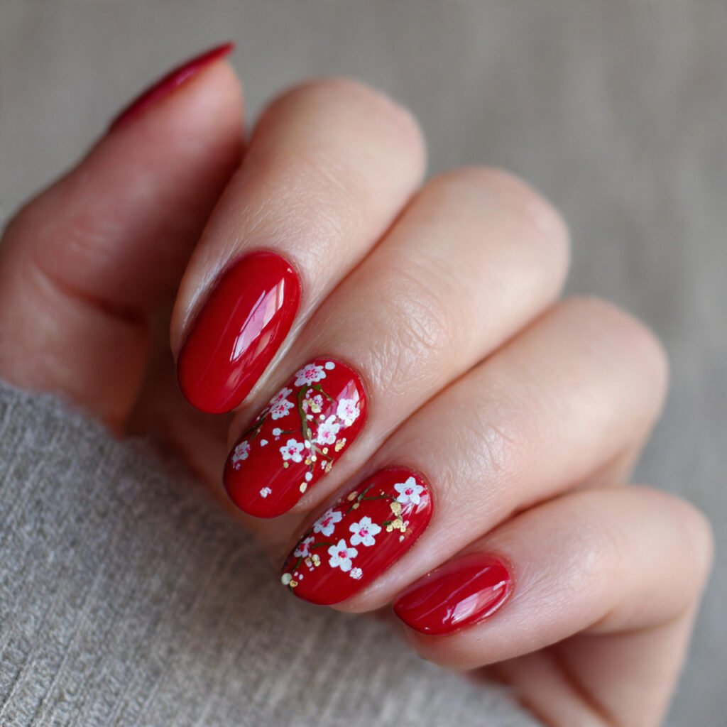 red nails with cherry blossom accent