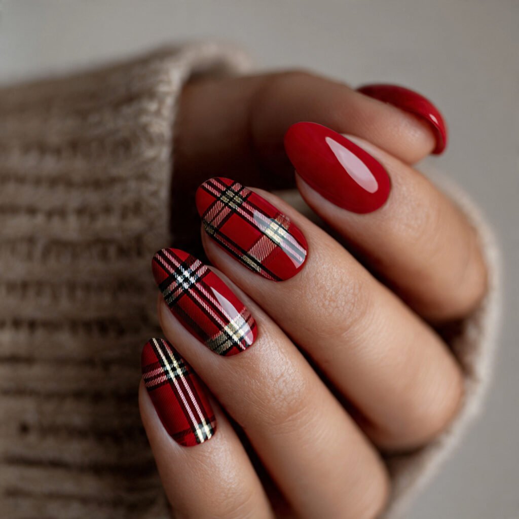 red plaid accent nails 1