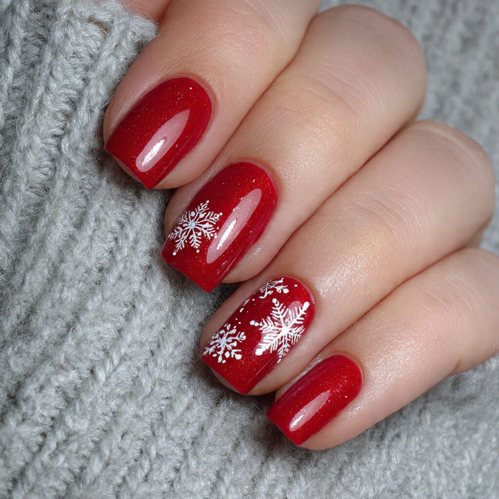 red with minimal snowflake accents create nails