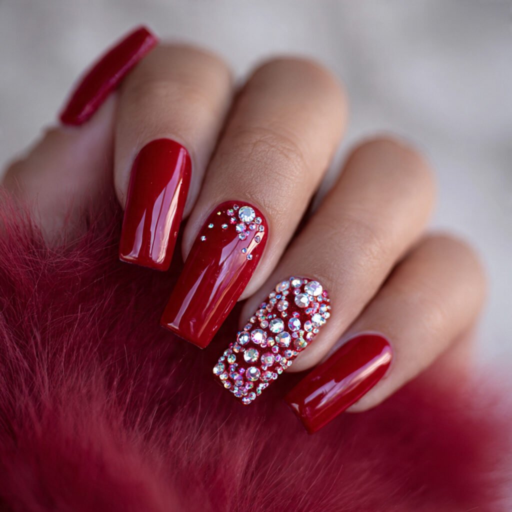 red with tiny rhinestone details create nails