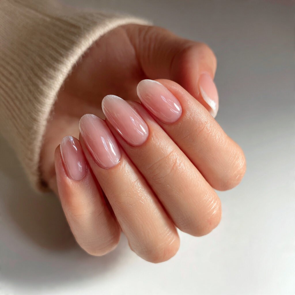 short natural gel nails with sheer finish