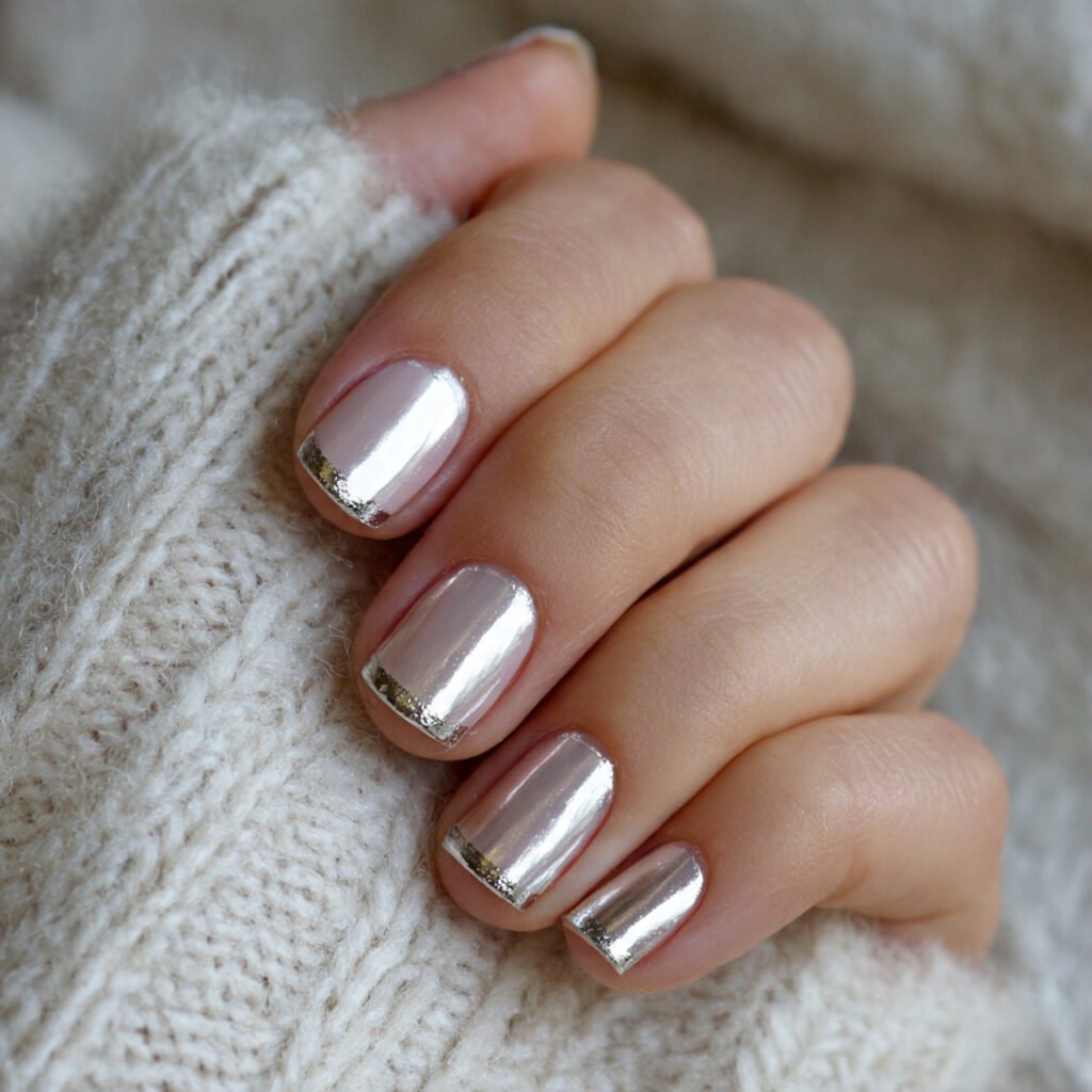 silver french manicure metallic but minimal make