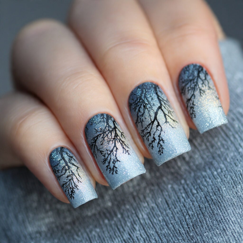 silver glitter fade nature looks nails art