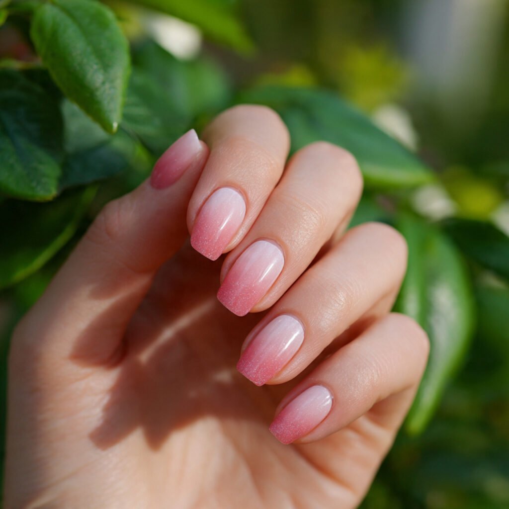 soft blush ombre nails nature background