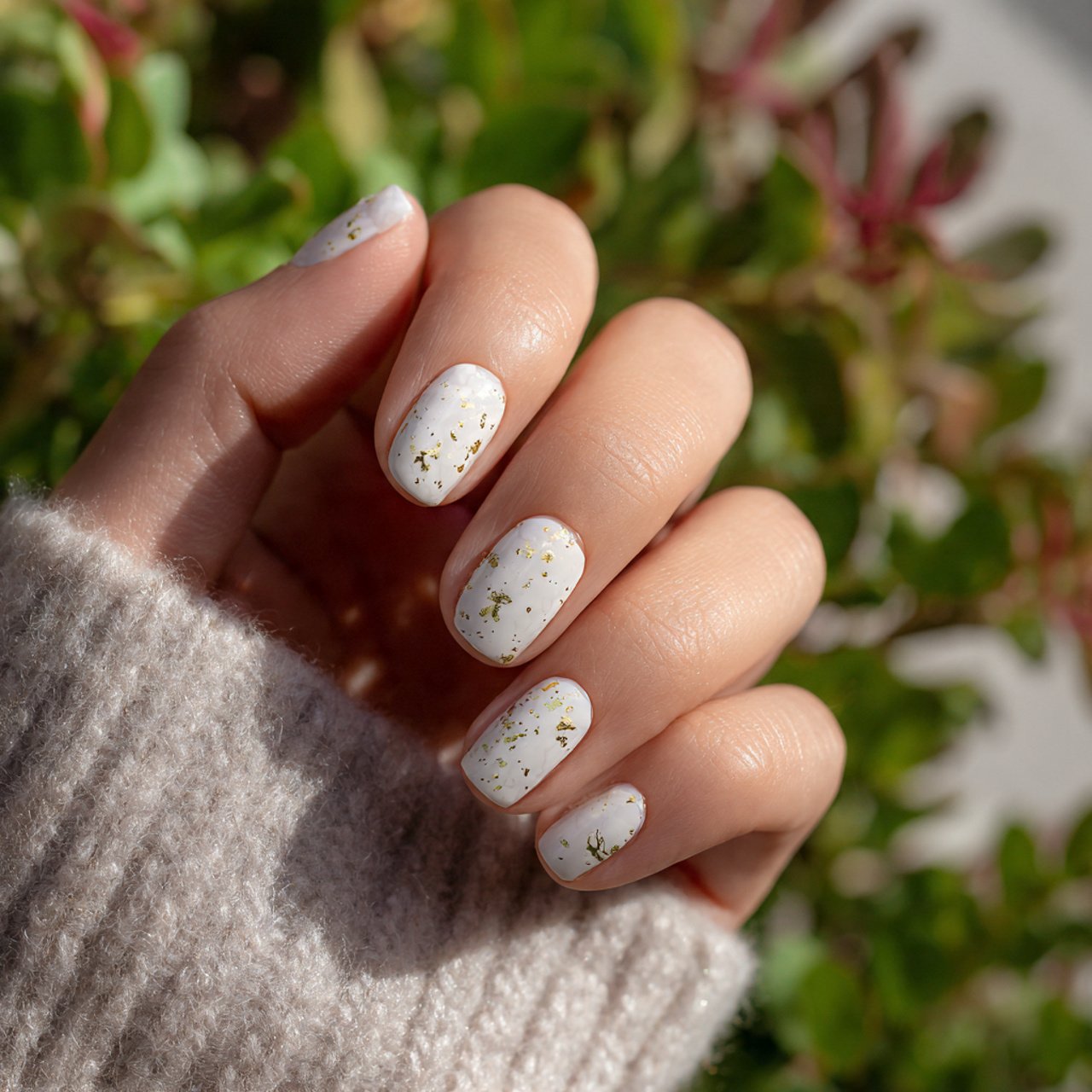 soft white nails with gold foil flecks