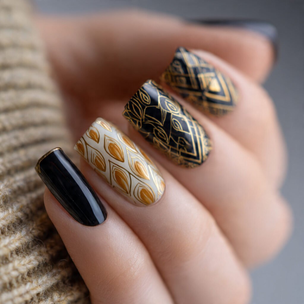 vintage art deco geometry nature looks nails art