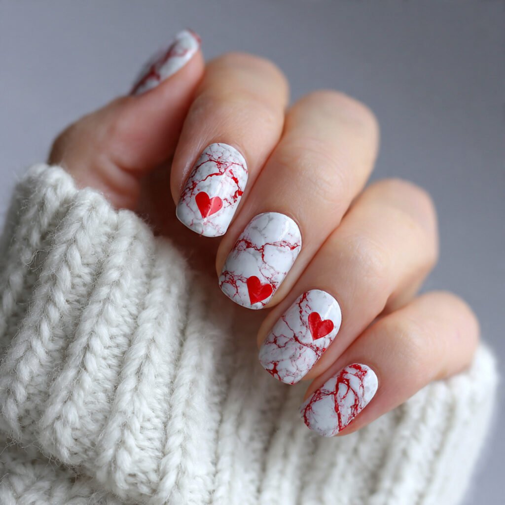 white marble with red hearts attractive nails