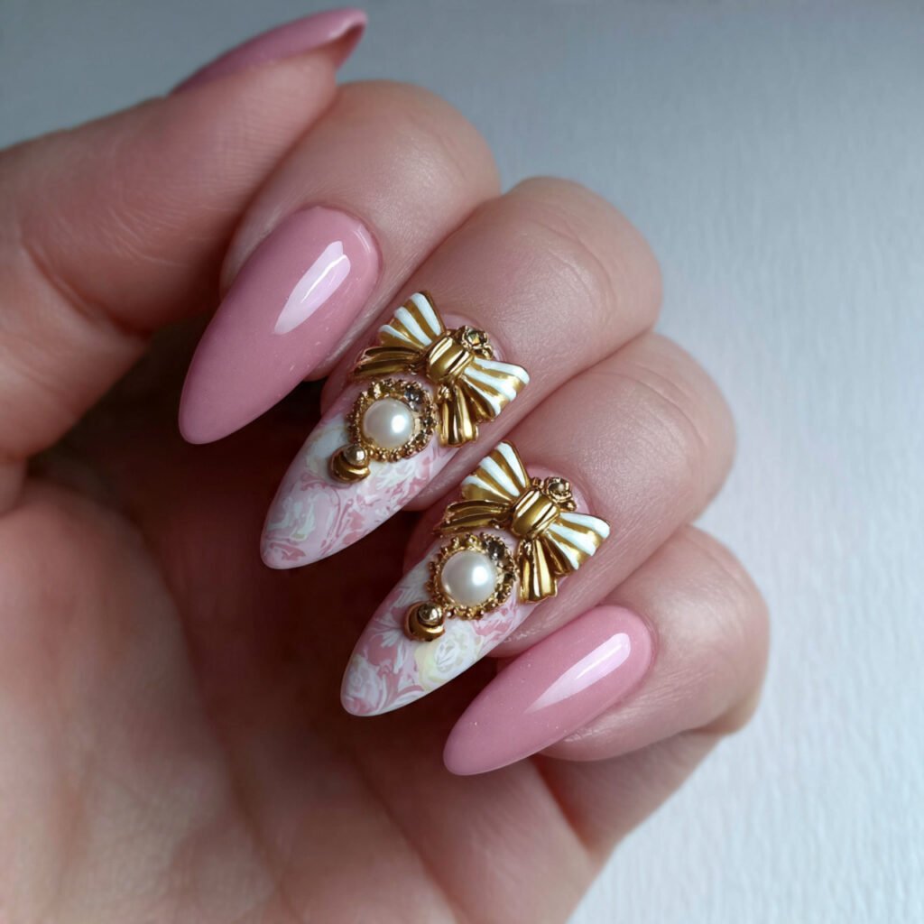 3d bow accent with milky acrylic attractive nails