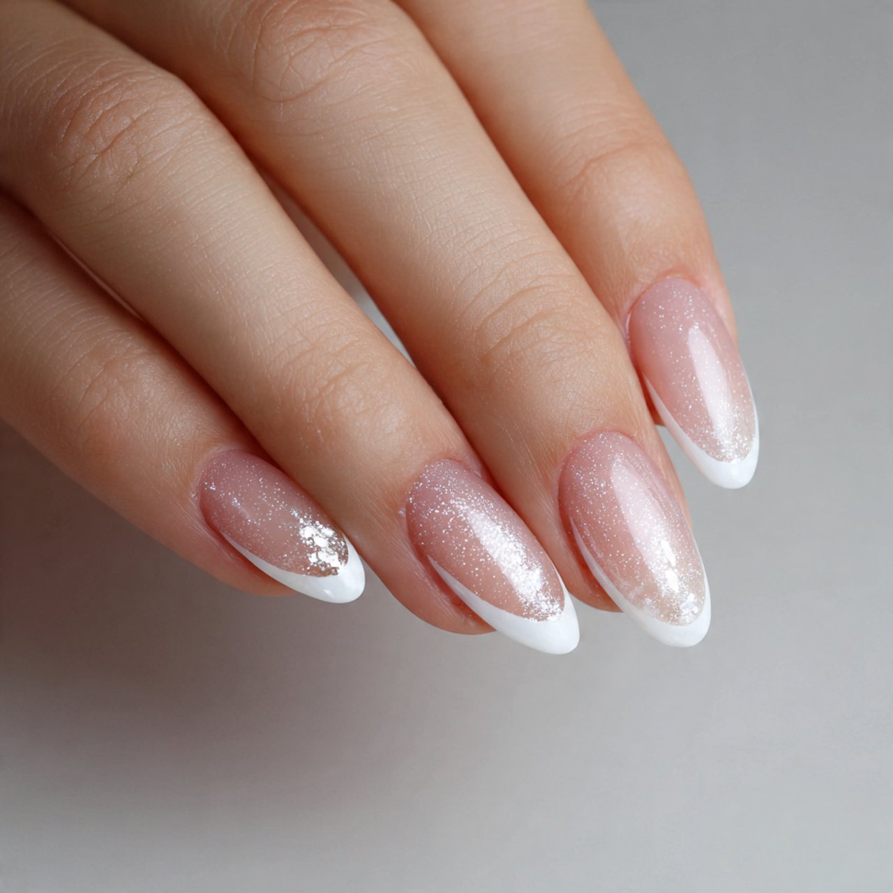almond white french tip nails with a pearly glaze