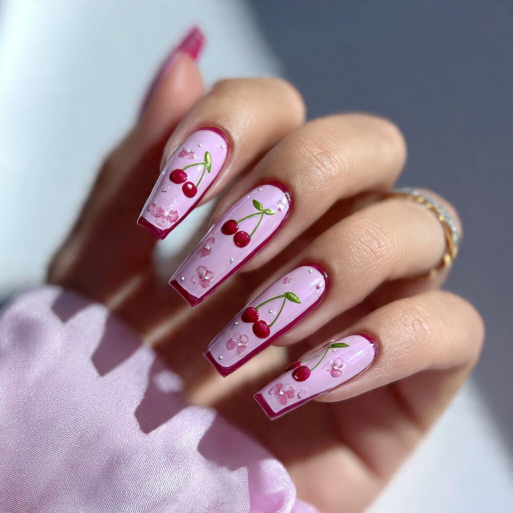 attractive nails with 3d cherry accents