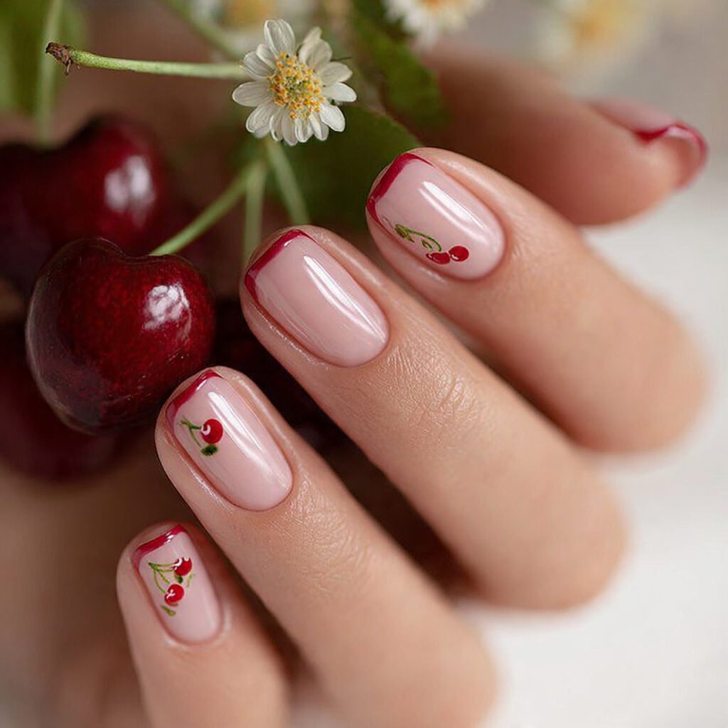attractive nails with cherry french tips