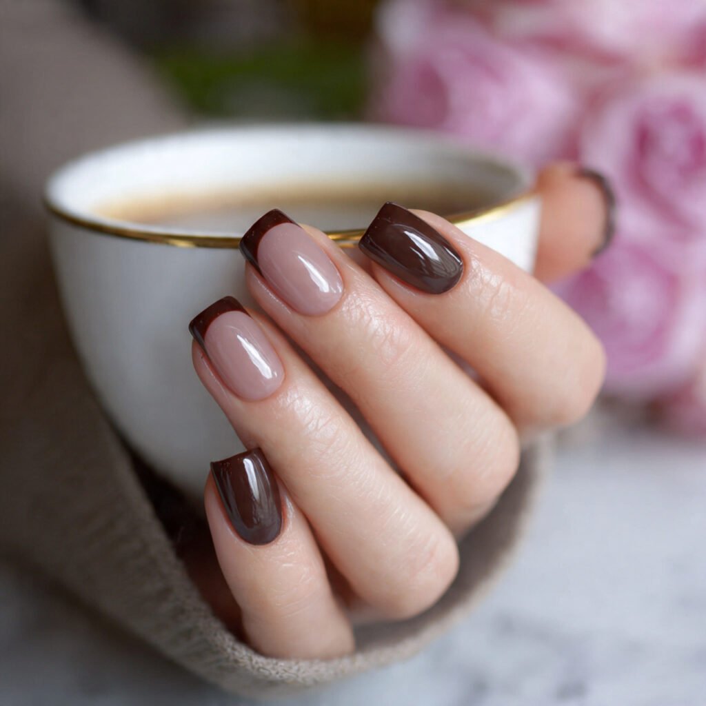 attractive nails with chocolate french tip 1