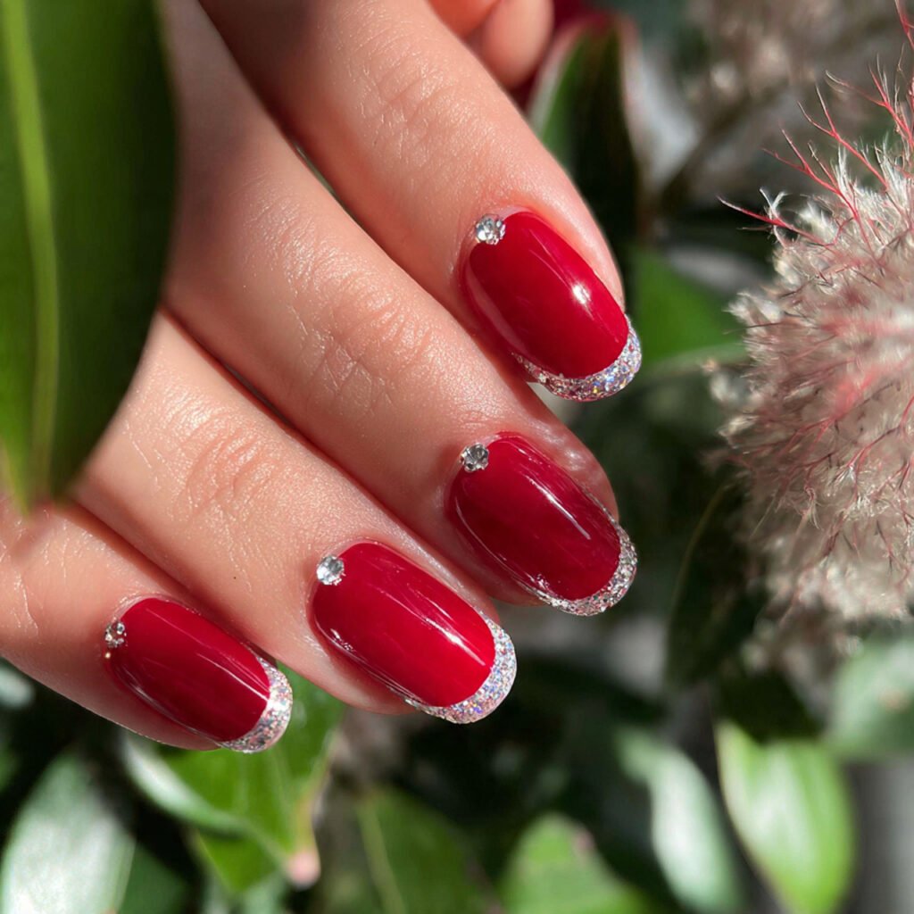 attractive nails with classic red and sparkle