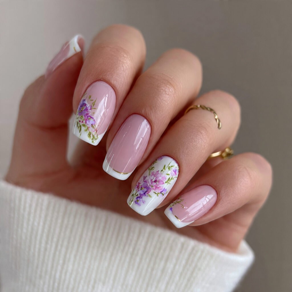 attractive nails with french tips and floral