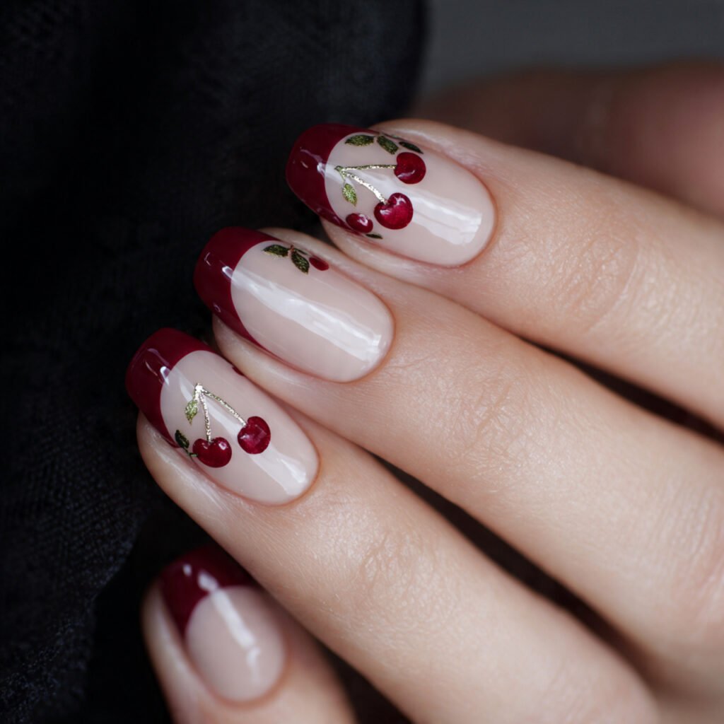 attractive nails with micro cherry accents on