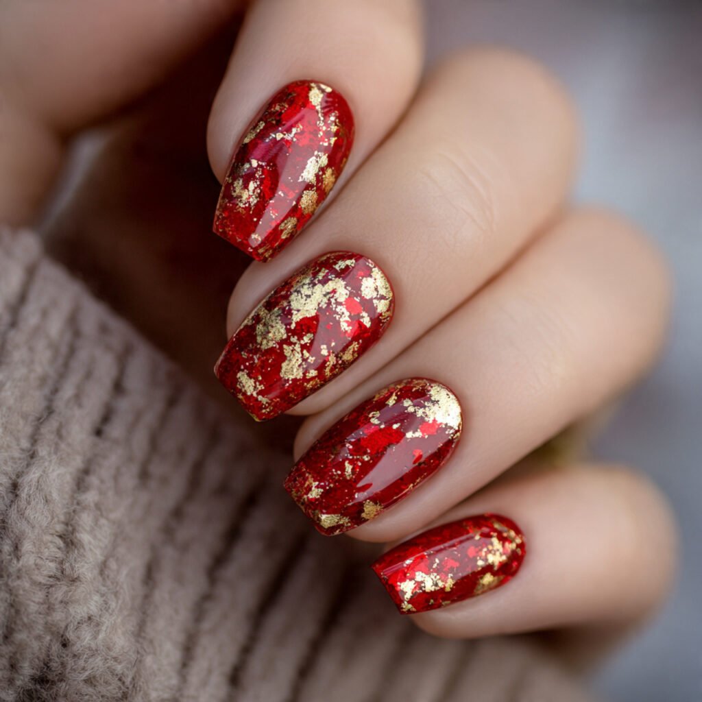 attractive nails with red gold foil