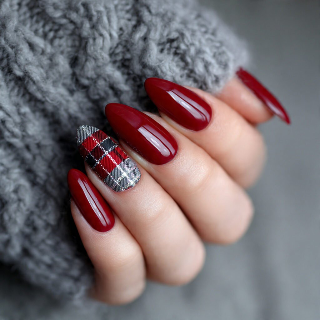 attractive red plaid accent nails with one