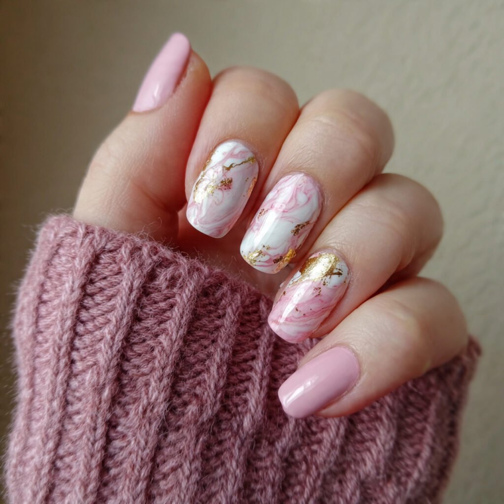 baby pink and marble swirls nails