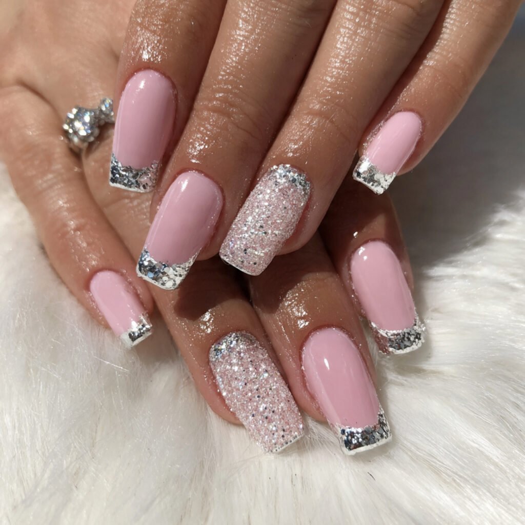 baby pink and silver accents attractive nails