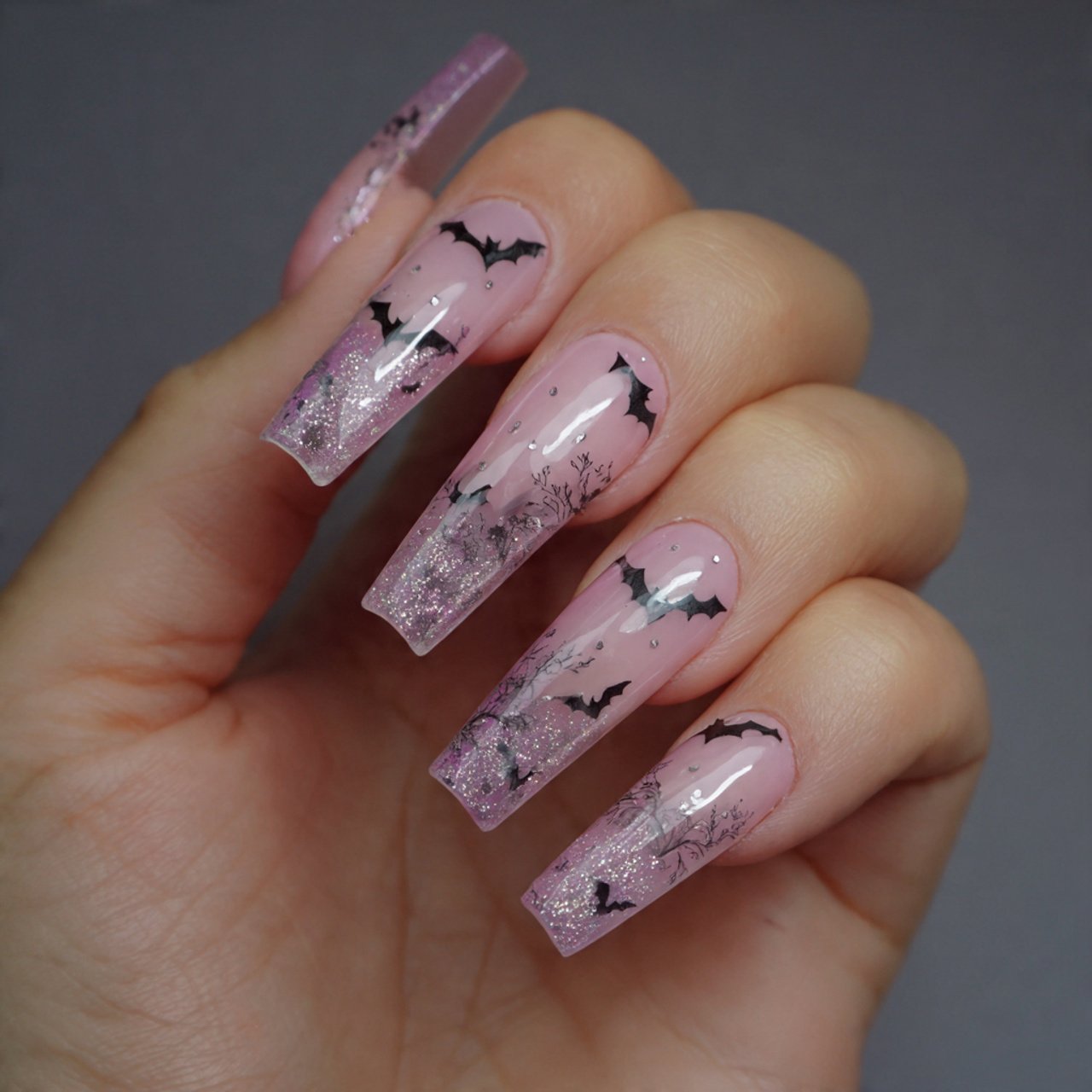 baby pink glitter ombr with tiny bats nature looks