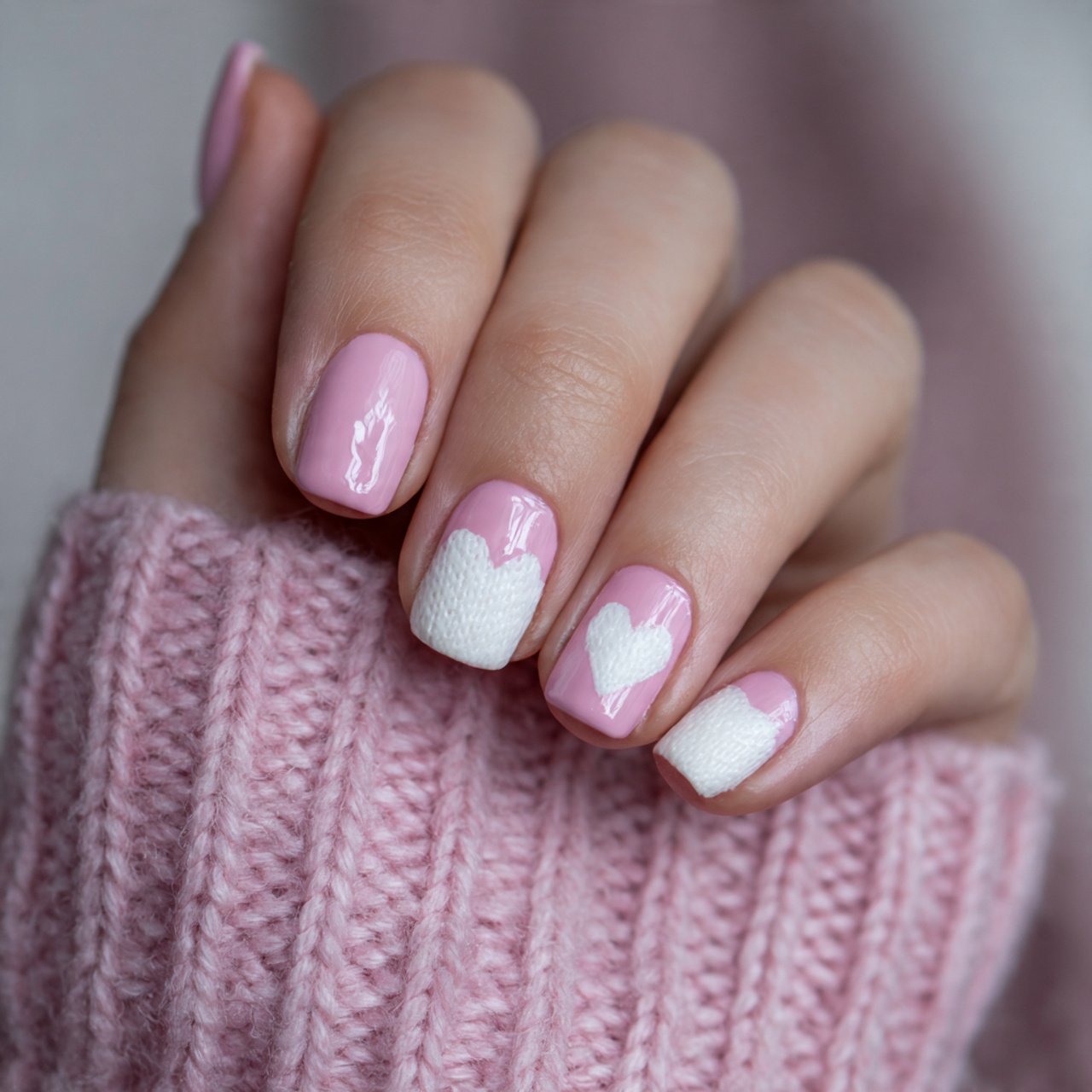 baby pink white heart nails