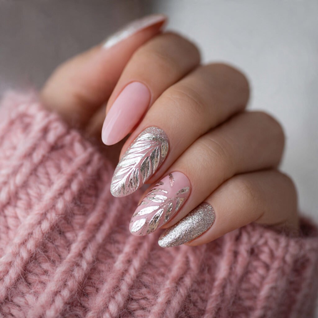 base with delicate silver leaf attractive nails