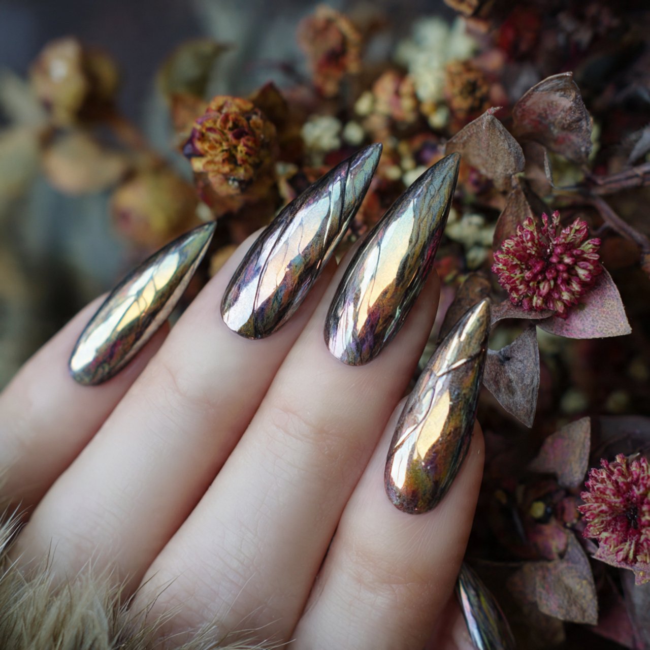 beige chrome aura nails nature looks nails