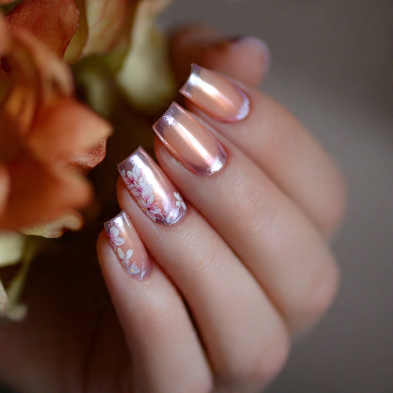 beige chrome micro french nature looks nails