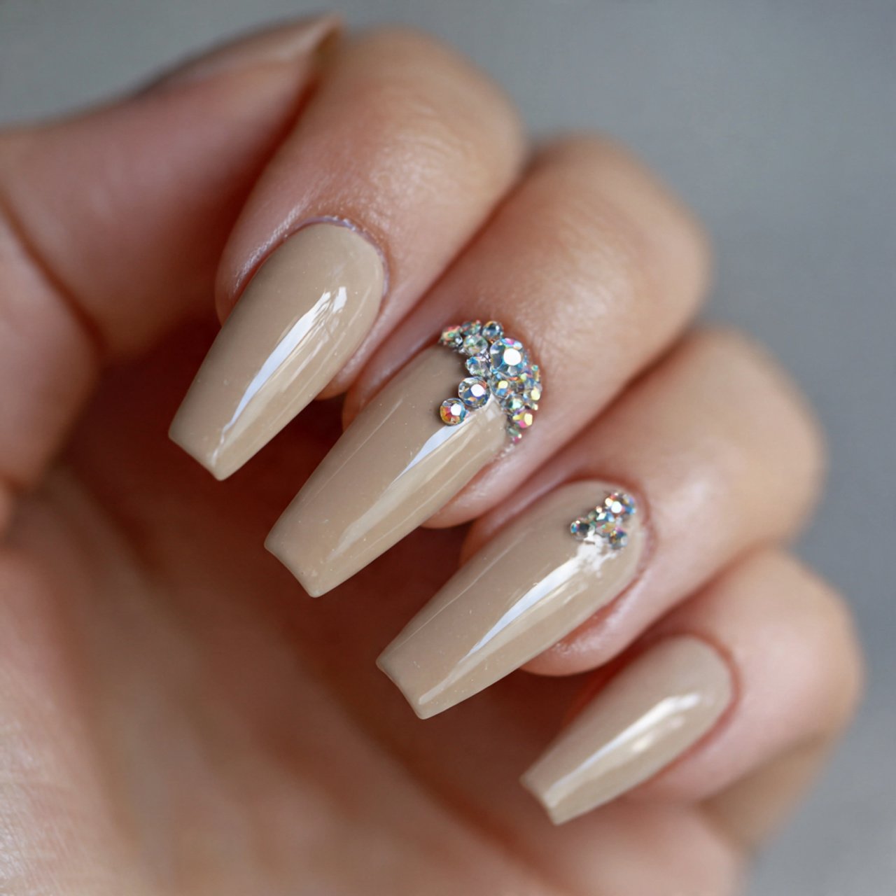 beige with tiny crystal placement creative nails