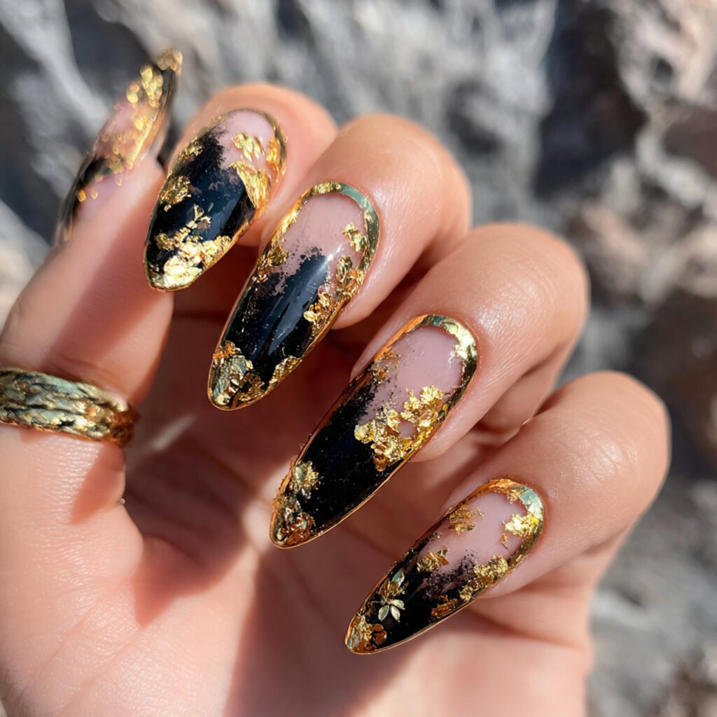 black and gold foil french tips nature look nails 1