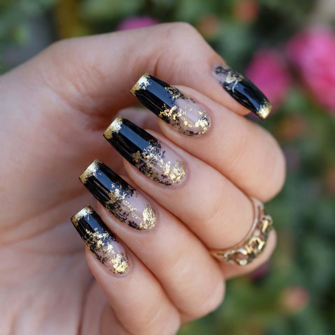 black and gold french tips nature look nails 1