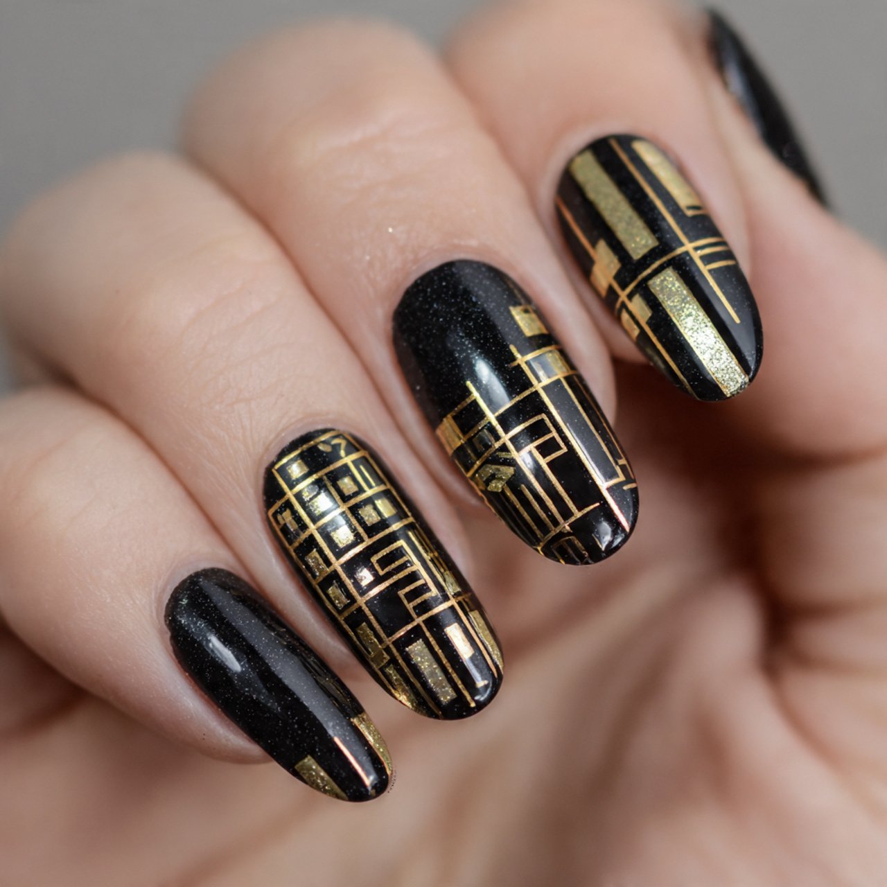 black and gold geometric creative look nails