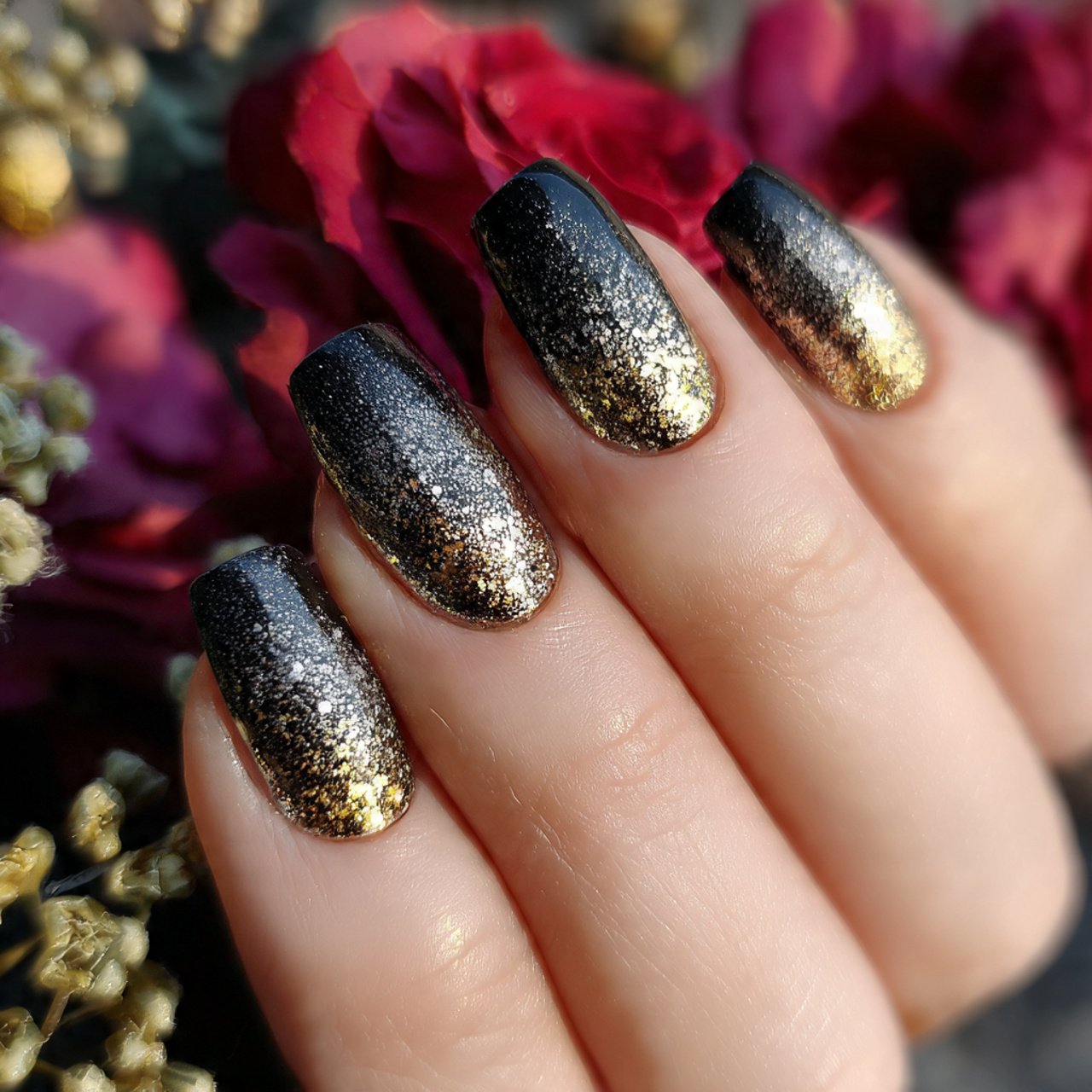 black and gold glitter gradient attractive nails