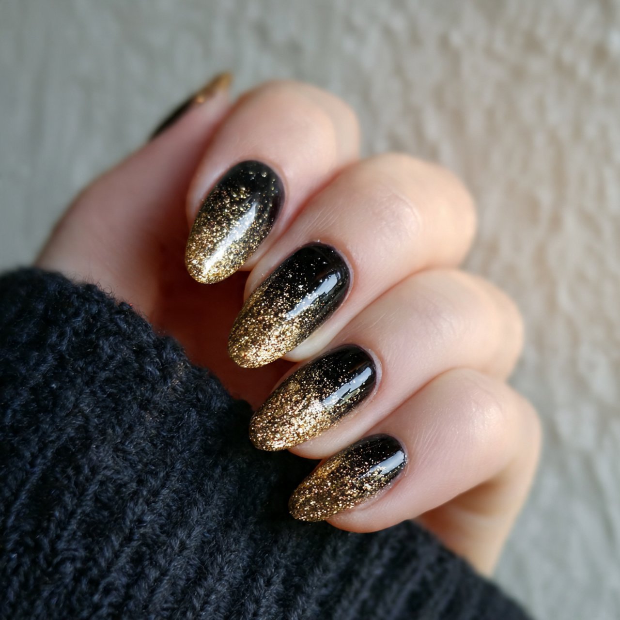 black and gold glitter ombre attractive nails