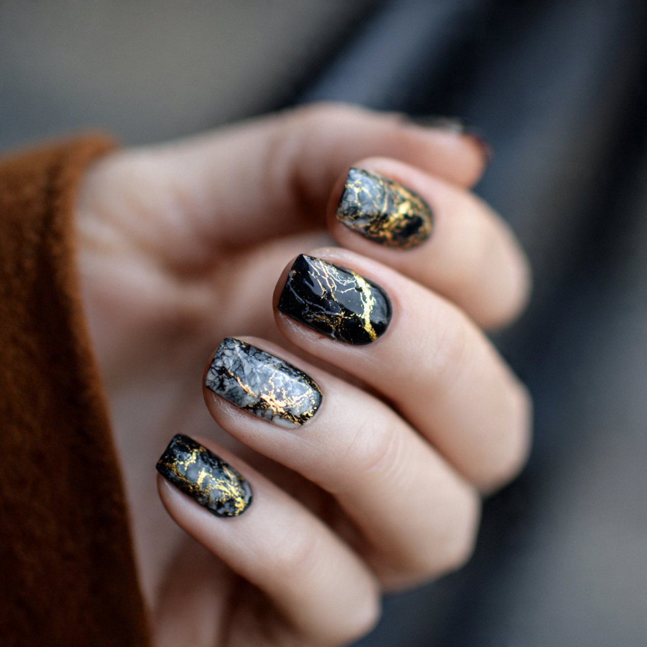 black and gold marbled nails nature look nails