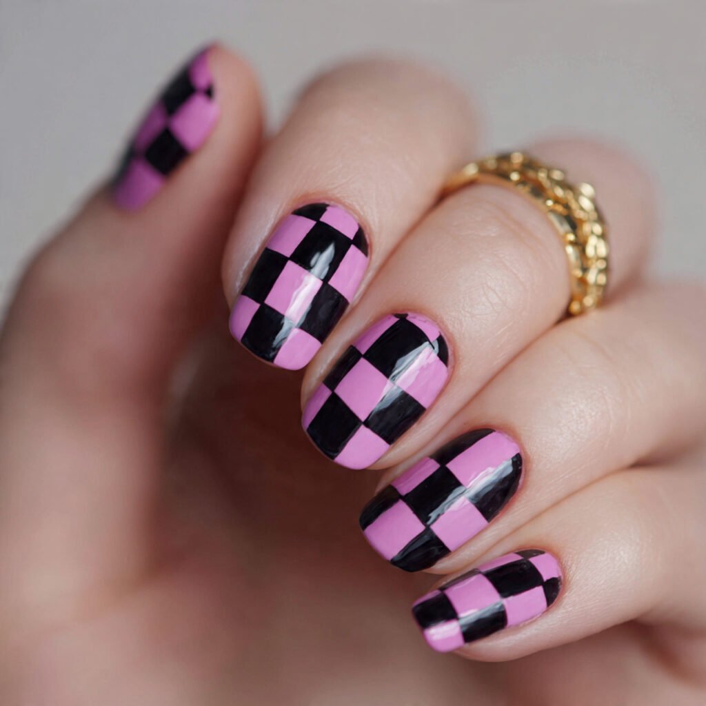 black and pink checkerboard nails attractive nails