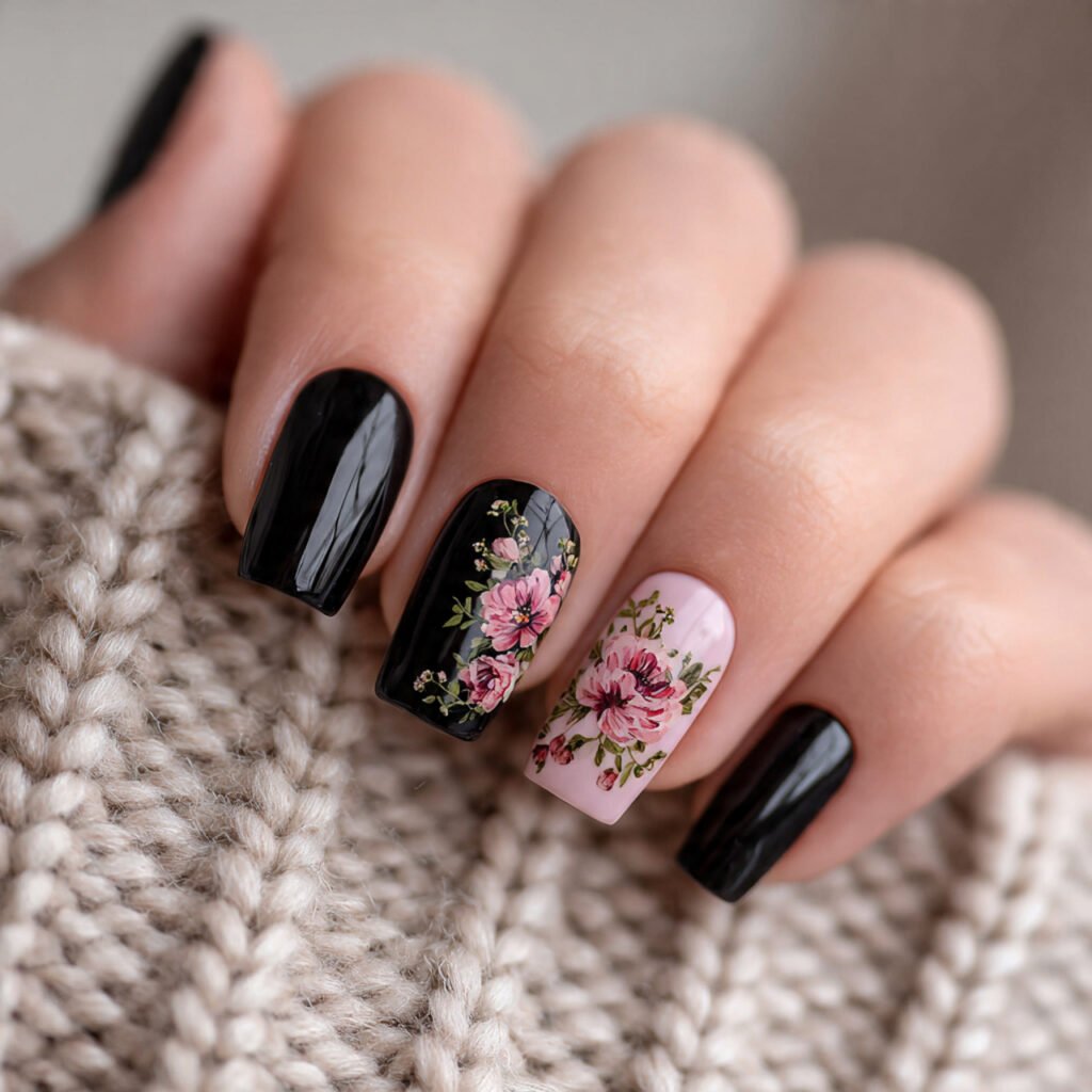 black and pink floral accent nails nature looks na 1