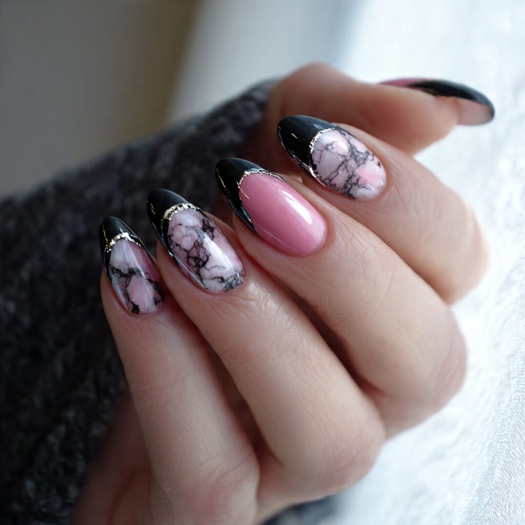 black and pink marble french tips attractive nails
