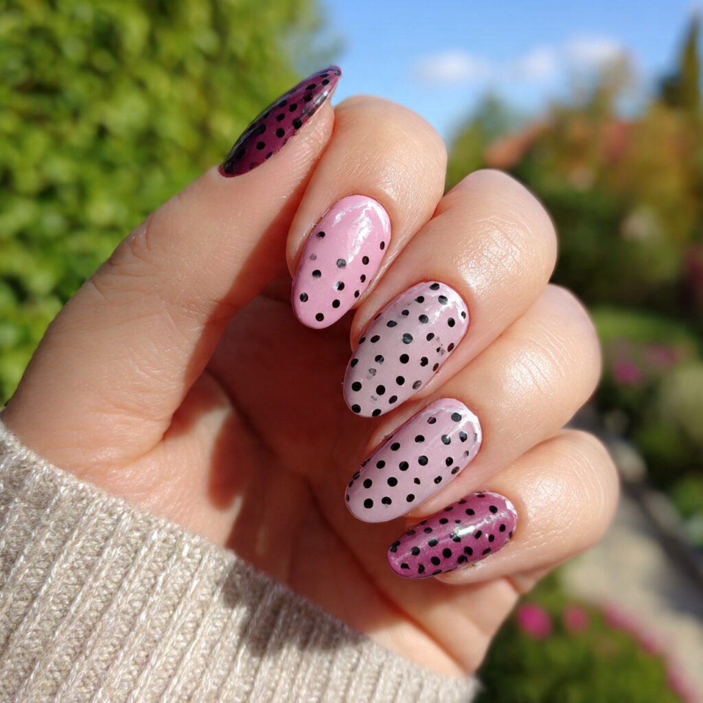 black and pink polka dots nature looks nails 1